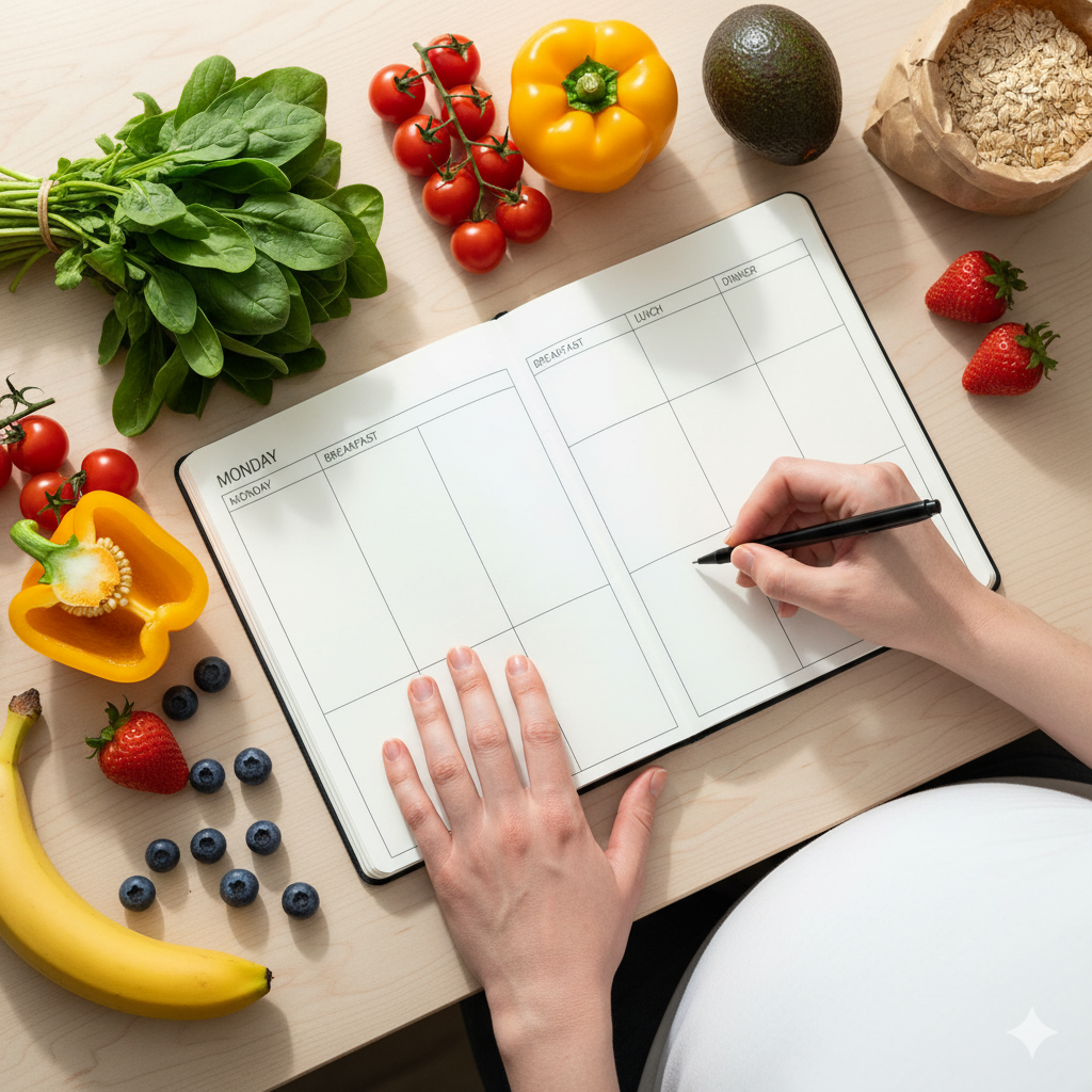 A top-down view of a weekly meal planner notebook open on a kitchen counter, surrounded by fresh vegetables, fruits, and whole grains, with a pregnant womanβs hands holding a pen, bright natural light.